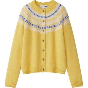 Canary Yellow Women's Jacquard Long-Sleeve Cardigan Nordic Uniqlo Ines De La